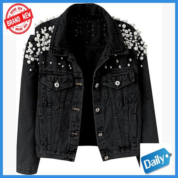 Jackets & Blazers - Loose Fit Cropped Denim Jacket with Pearl Beading and Vintage Style